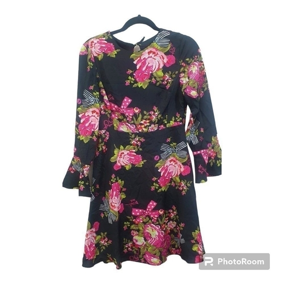 Betsey Johnson Black Floral Bell Sleeve Dress - Size 2 - Picture 4 of 11